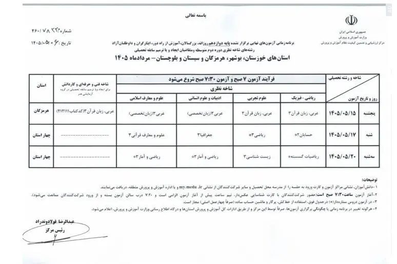 اعلام برنامه امتحانات نهایی برگزار نشده پایه دوازدهم ۴ استان جنوبی