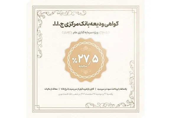 عرضه گواهی ودیعه بانک مرکزی جمهوری اسلامی ایران در شعب بانک اقتصاد نوین