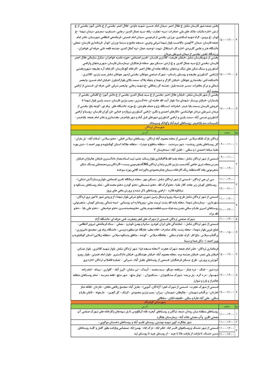 برنامه قطعی برق چهارمحال‌ و بختیاری‌ یکشنبه ۹ شهریور + جدول