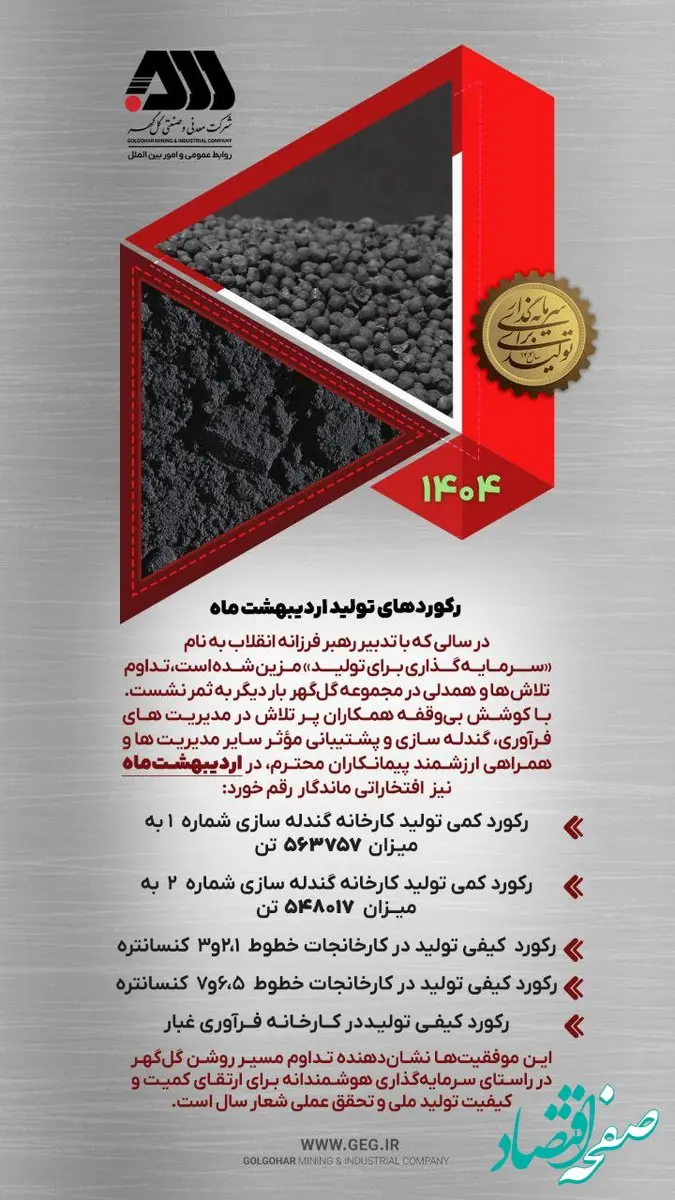 رکوردهای تولیدی اردیبهشت ماه ۱۴۰۴ شرکت معدنی و صنعتی گل گهر