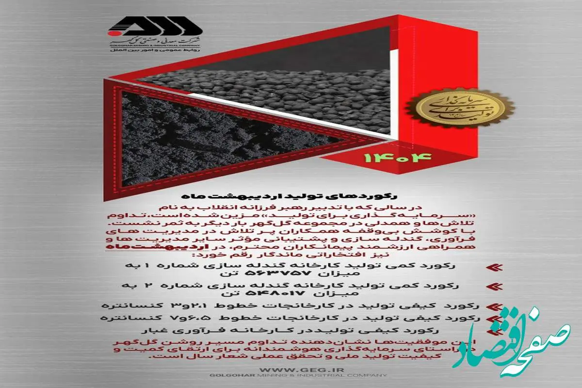 رکوردهای تولیدی اردیبهشت ماه ۱۴۰۴ شرکت معدنی و صنعتی گل گهر