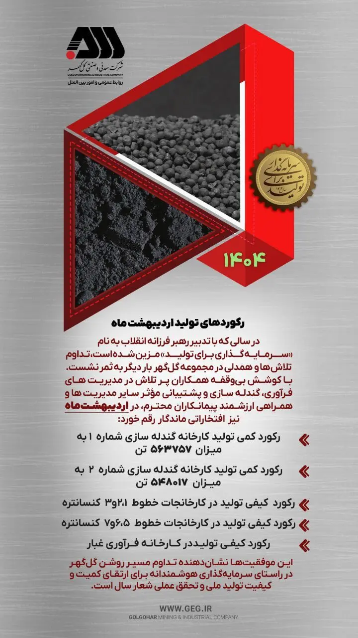 رکوردهای تولیدی اردیبهشت ماه ۱۴۰۴ شرکت معدنی و صنعتی گل گهر