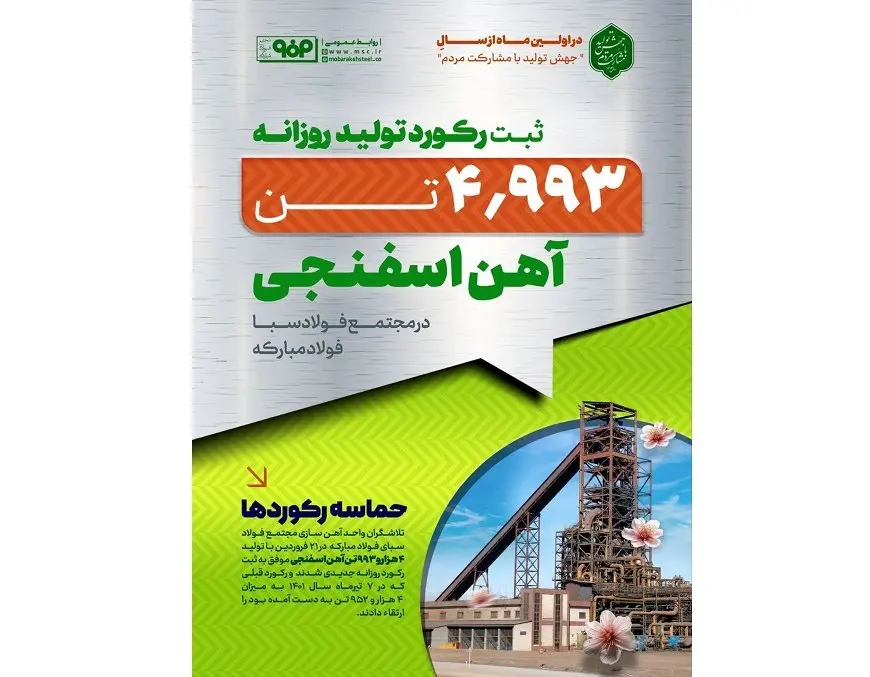 ثبت رکورد تولید روزانه ۴ هزار و ۹۹۳ تن آهن اسفنجی در مجتمع فولاد سبای فولاد مبارکه