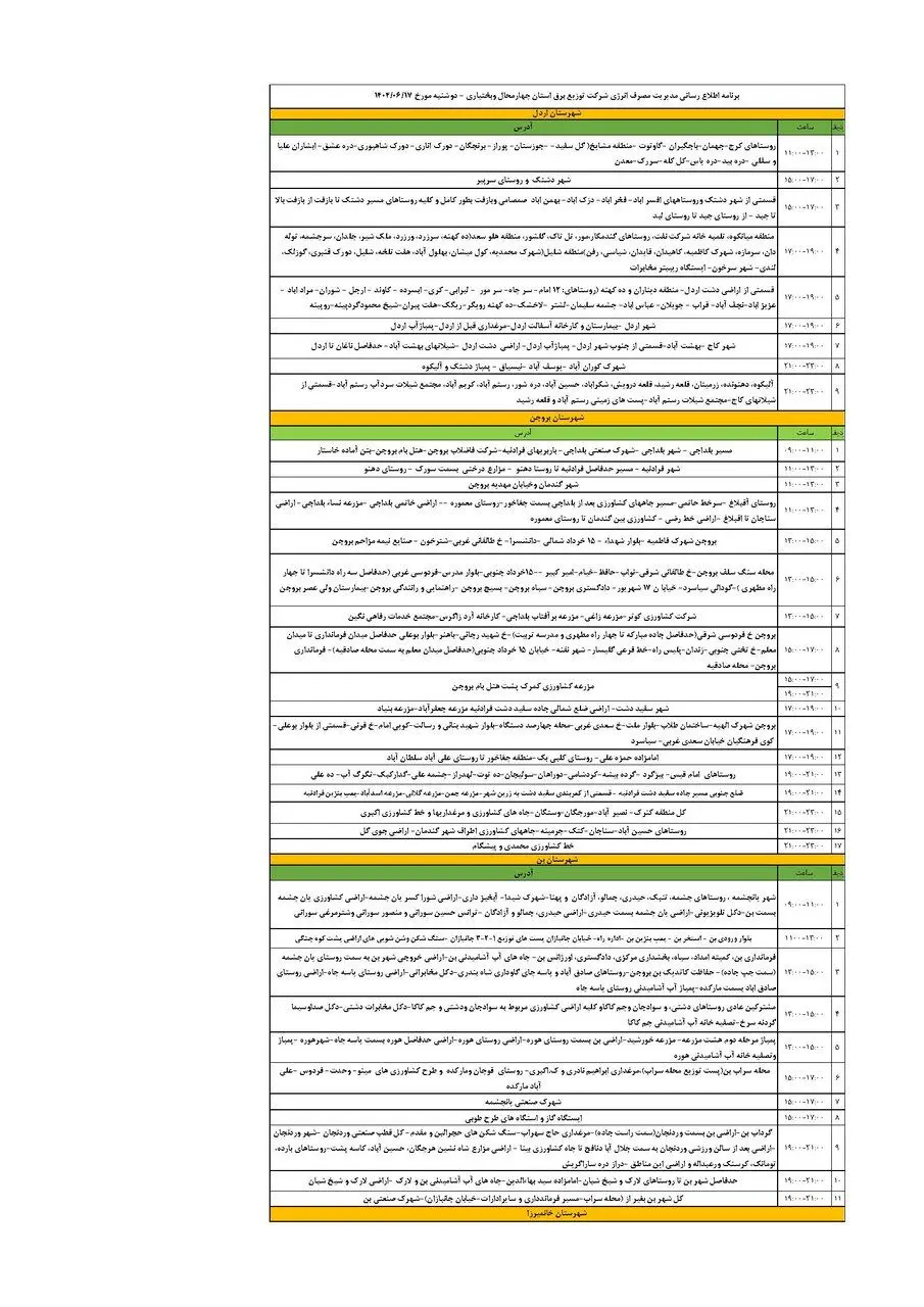 برنامه قطعی برق چهارمحال‌ و بختیاری‌ دوشنبه ۱۷ شهریور + جدول