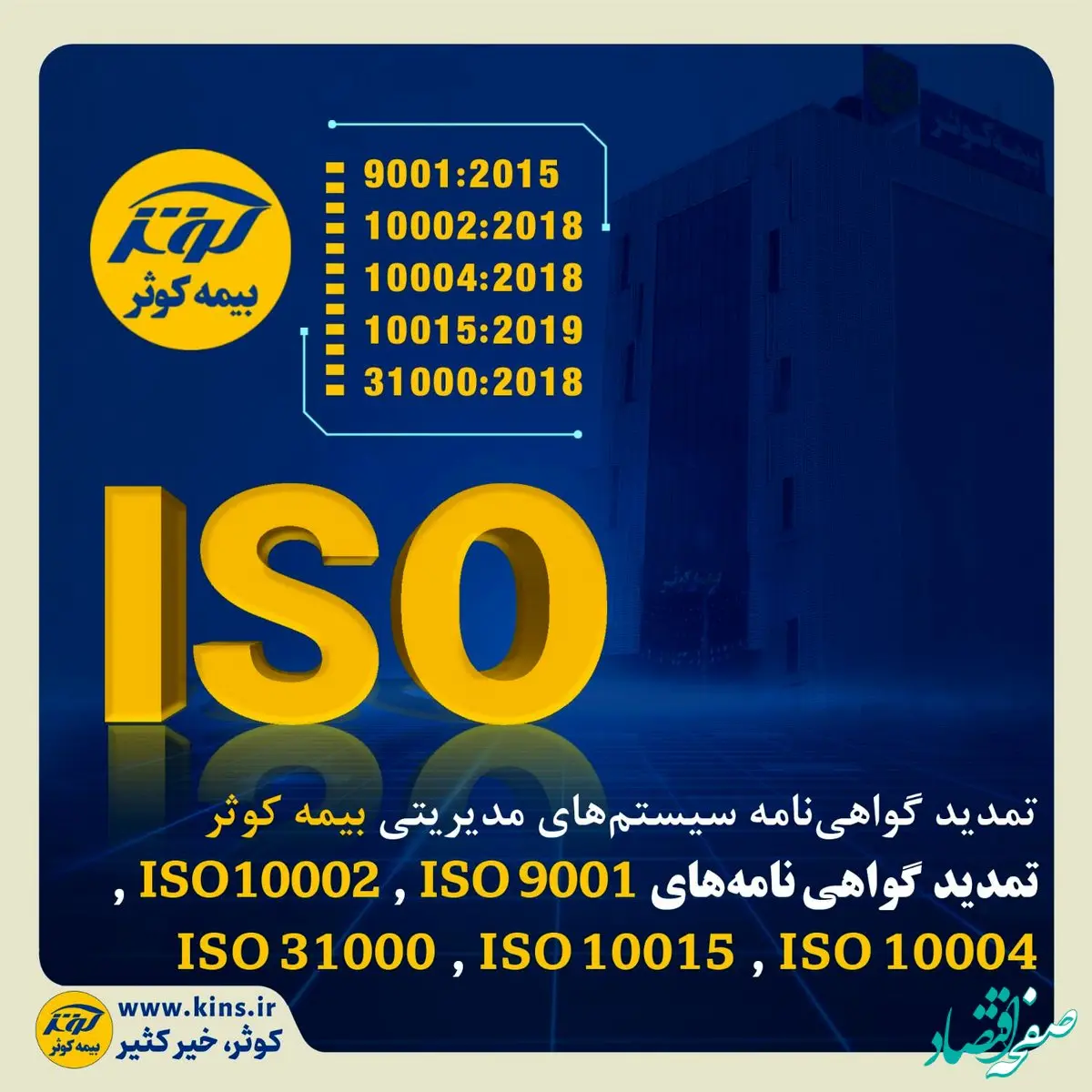 تمدید گواهی‌نامه‌های ISO 9001 ، ISO 10002 ، ISO 10004، ISO 10015 و ISO 31000