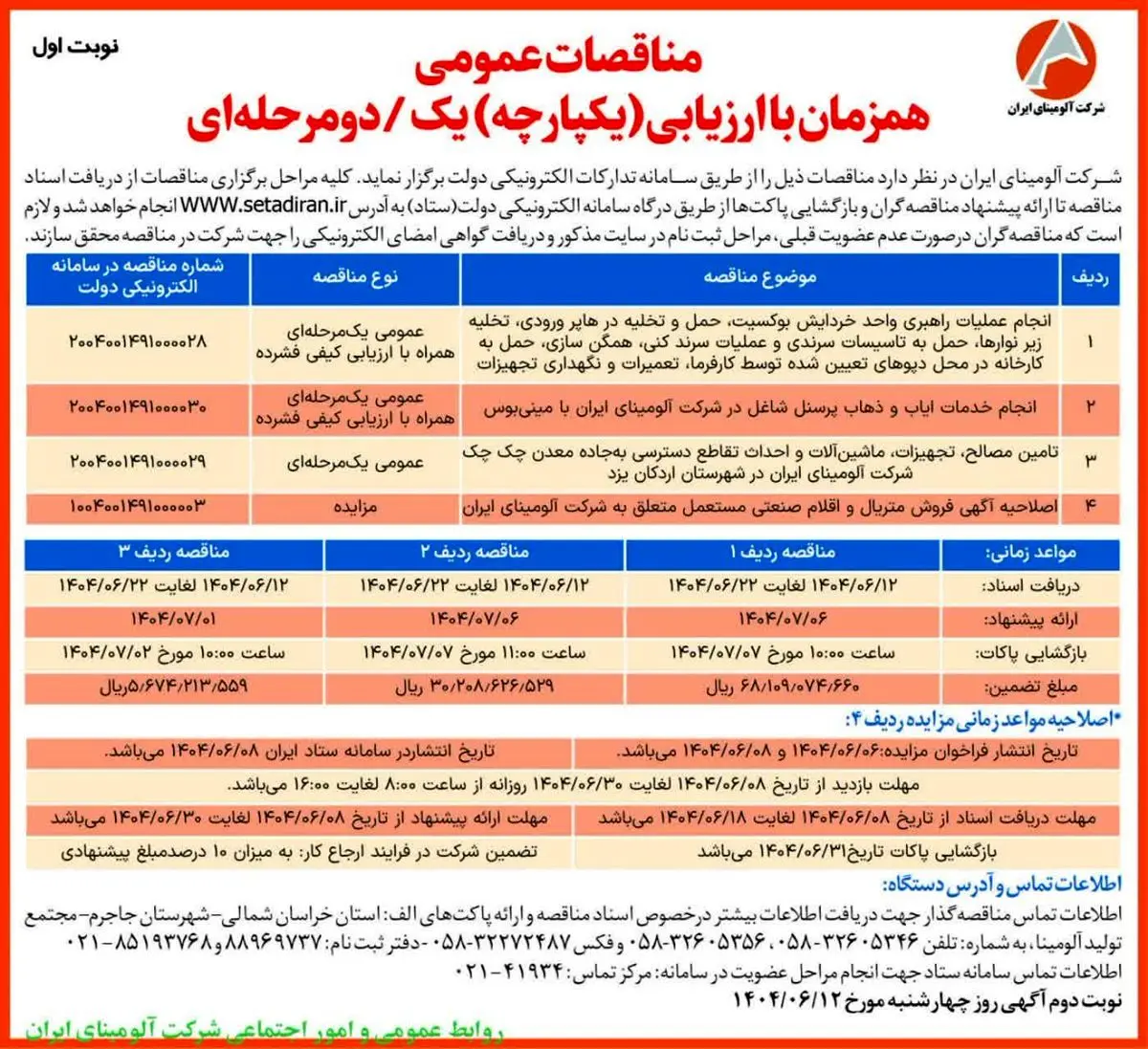 چاپ و انتشار نوبت اول آگهی مناقصات شرکت آلومینای ایران در روزنامه های