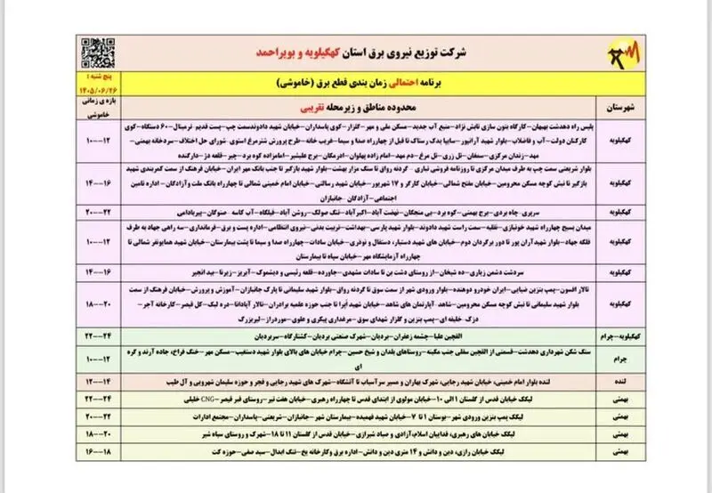 خاموشی با برنامه برق در کهگیلویه و بویراحمد