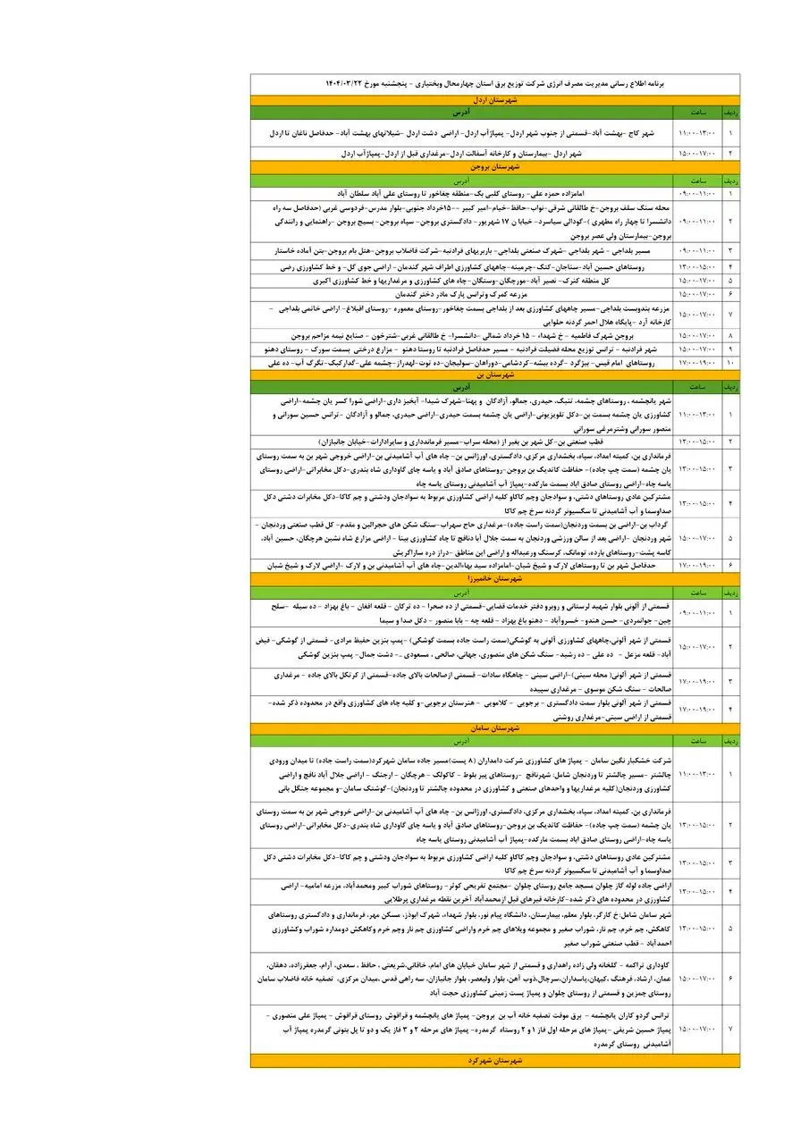 برنامه قطعی برق چهارمحال‌ و بختیاری‌ پنجشنبه ۲۲ خرداد + جدول