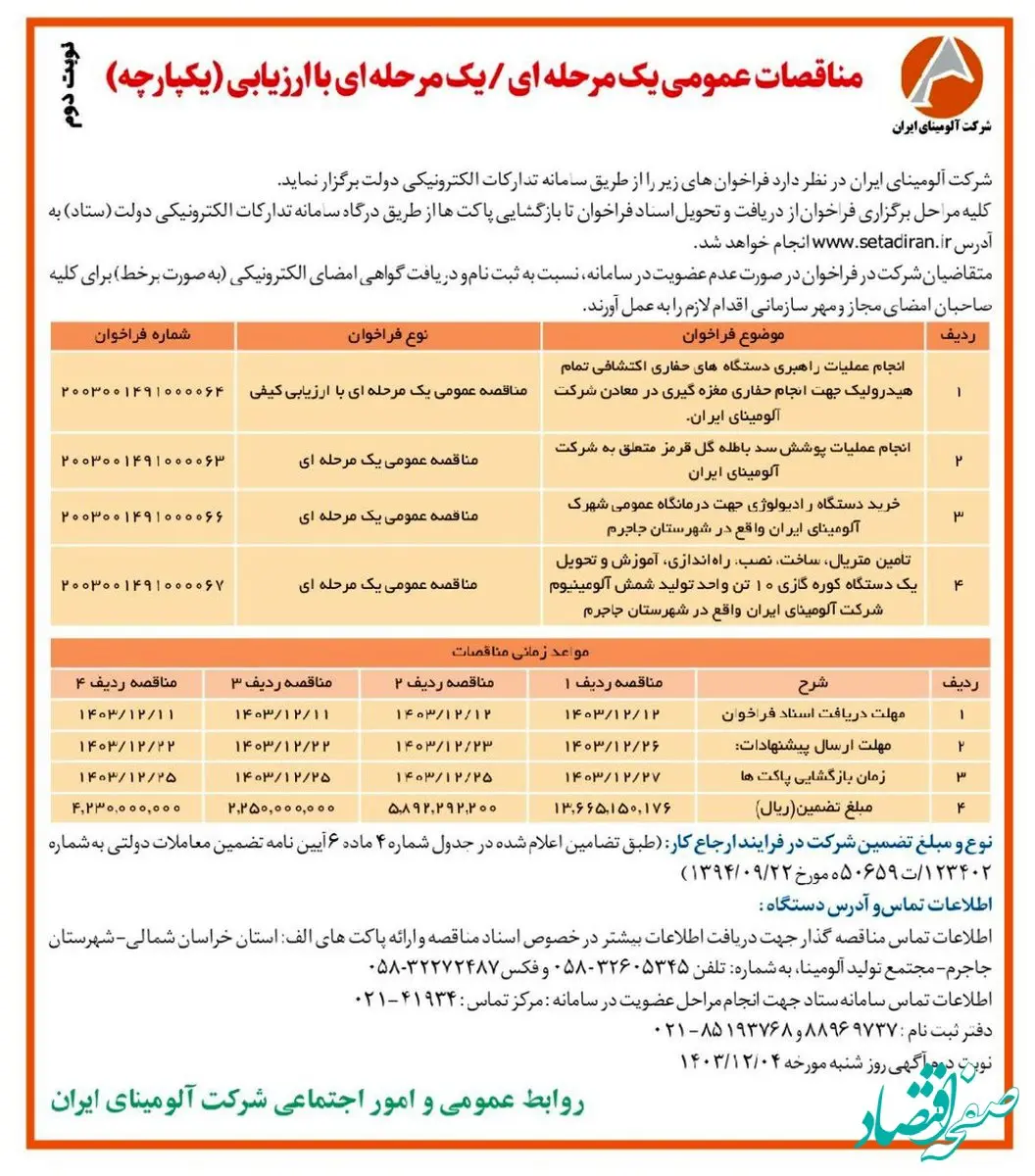 چاپ و انتشار آگهی نوبت دوم مناقصات عمومی یک مرحله ای/یک مرحله ای با ارزیابی (یکپارچه) شرکت آلومینای ایران در روزنامه های