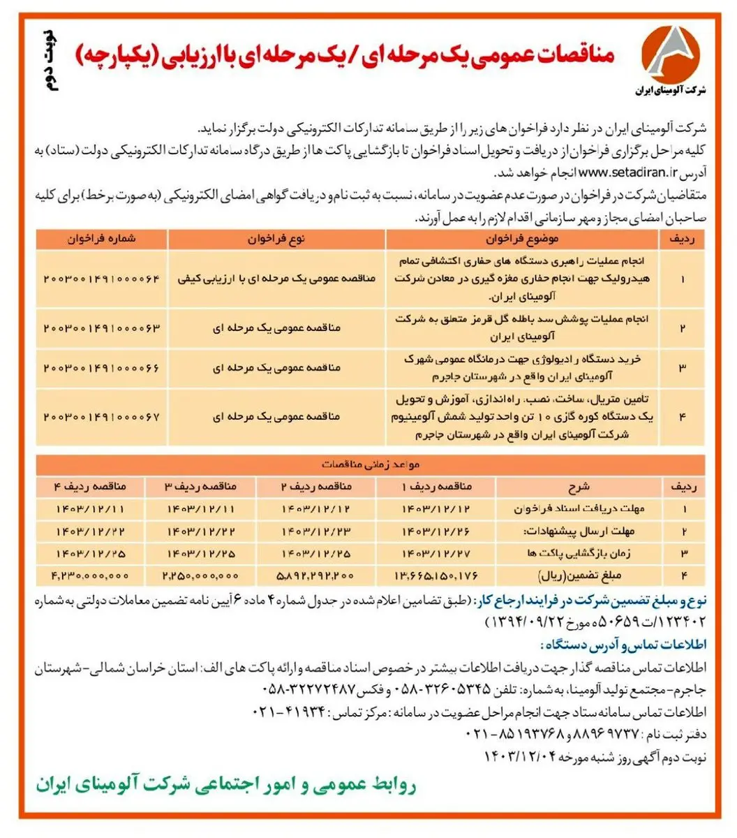 چاپ و انتشار آگهی نوبت دوم مناقصات عمومی یک مرحله ای/یک مرحله ای با ارزیابی (یکپارچه) شرکت آلومینای ایران در روزنامه های
