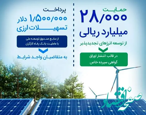حمایت ۲۸٫۰۰۰ میلیارد ریالی بانک رفاه کارگران از توسعه انرژی‌‌های تجدیدپذیر در سال جاری