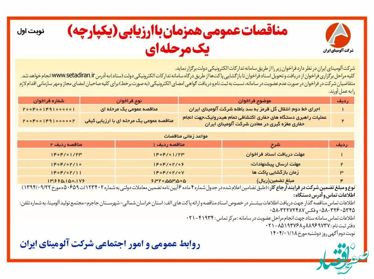 چاپ و انتشار نوبت اول آگهی مناقصات عمومی همزمان با ارزیابی یکپارچه یک مرحله ای شرکت آلومینای ایران در روزنامه های