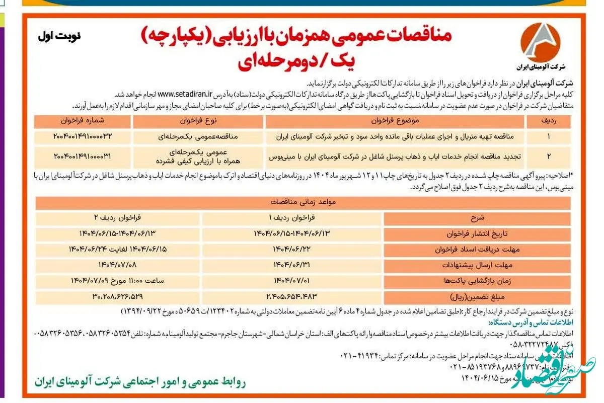 چاپ و انتشار نوبت اول آگهی مناقصات شرکت آلومینای ایران در روزنامه های