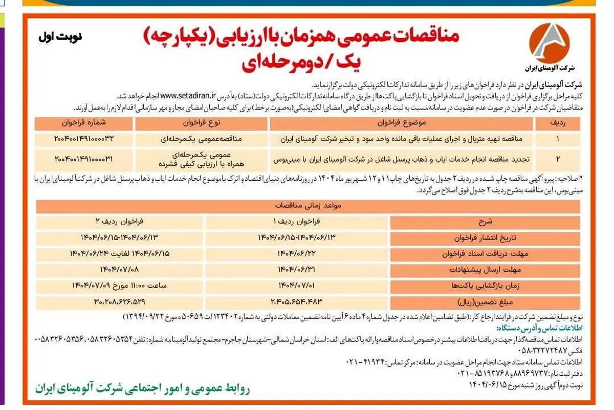 چاپ و انتشار نوبت اول آگهی مناقصات شرکت آلومینای ایران در روزنامه های