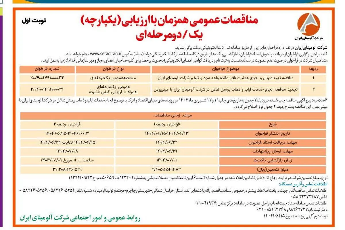 چاپ و انتشار نوبت اول آگهی مناقصات شرکت آلومینای ایران در روزنامه های