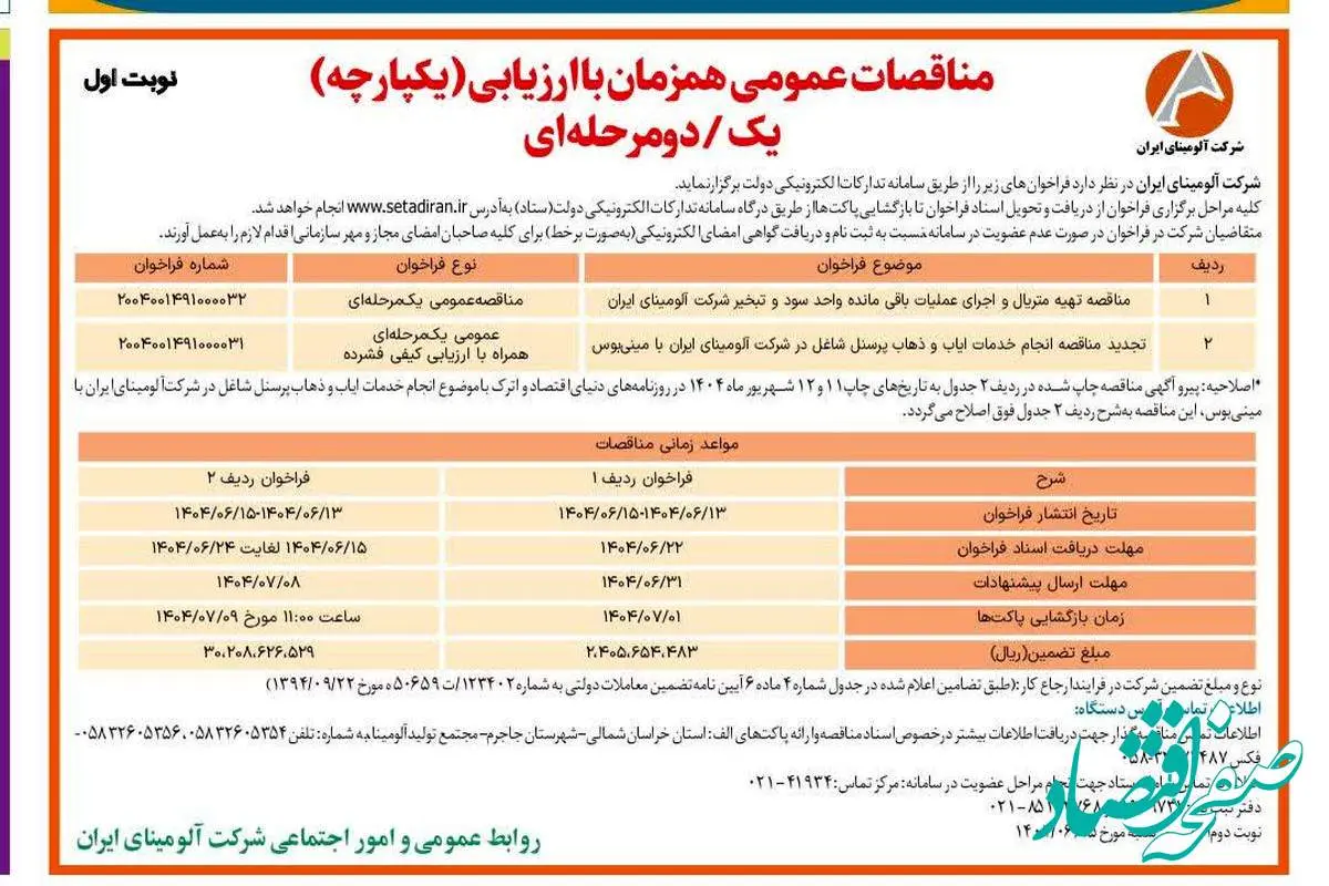 چاپ و انتشار نوبت اول آگهی مناقصات شرکت آلومینای ایران در روزنامه های
