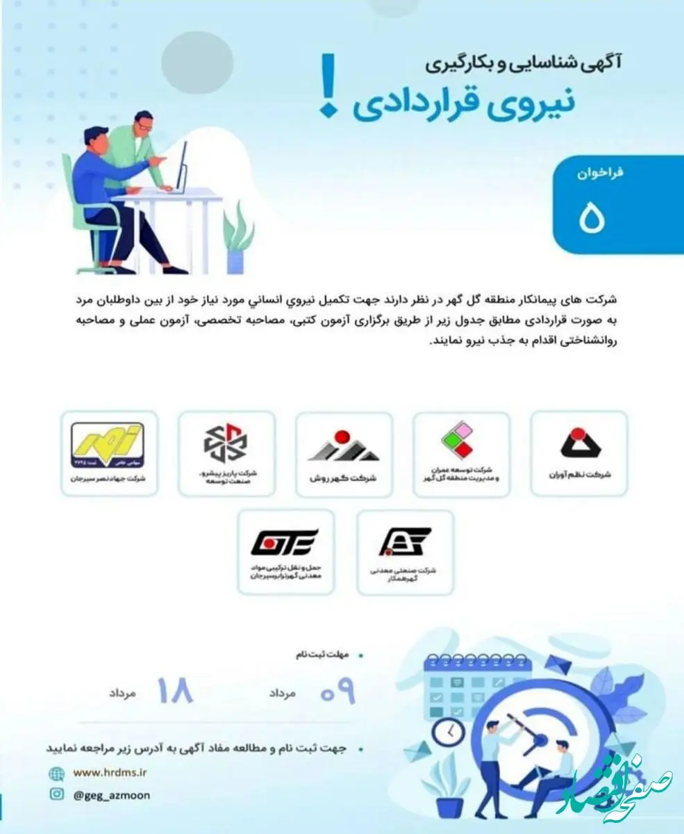 آگهی به کار گیری نیروی قراردادی شرکت های پیمانکار منطقه گل گهر (فراخوان 5)
