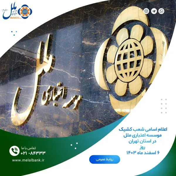 اعلام اسامی شعب کشیک موسسه اعتباری ملل در استان تهران، روز  ۶ اسفند ماه ۱۴۰۳