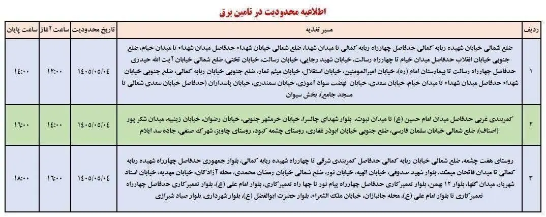 جدول خاموشی ایلام امروز یکشنبه ۴ مرداد
