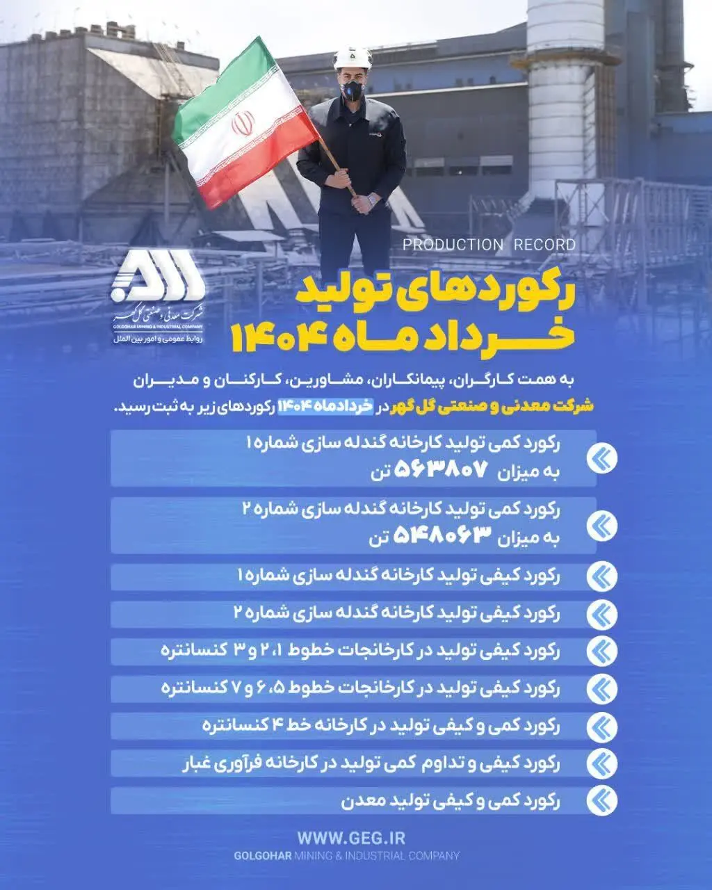 رکوردهای تولیدی خردادماه 1404 در شرکت معدنی و صنعتی گل گهر 