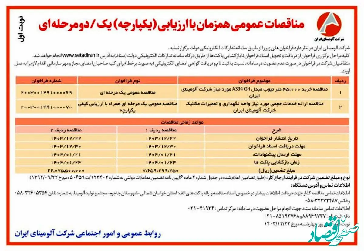 چاپ و انتشار نوبت اول آگهی مناقصات عمومی همزمان با ارزیابی یکپارچه یک مرحله ای شرکت آلومینای ایران در روزنامه های