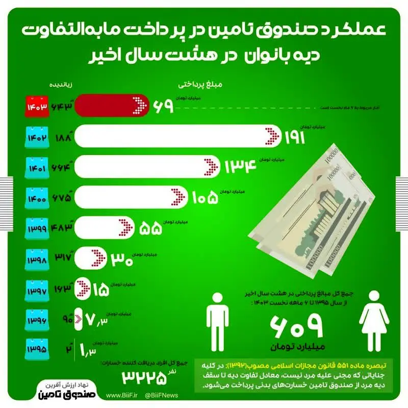 عملکرد صندوق تامین در پرداخت مابه‌التفاوت دیه بانوان در هشت سال اخیر