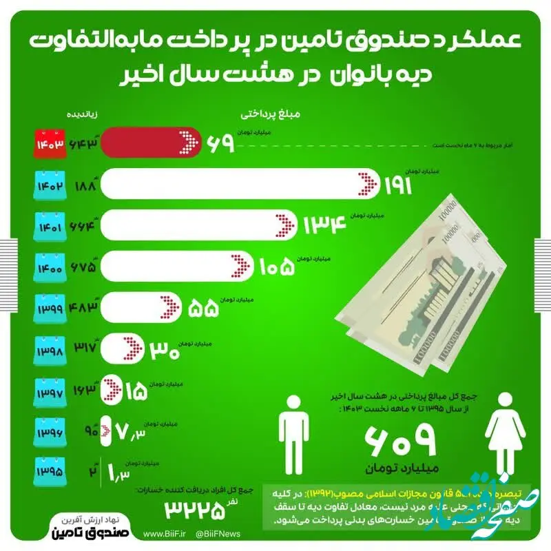 عملکرد صندوق تامین در پرداخت مابه‌التفاوت دیه بانوان در هشت سال اخیر