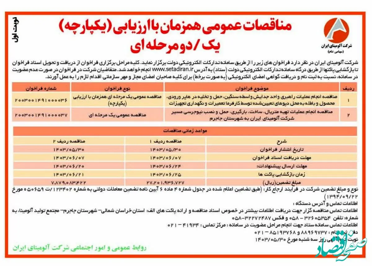 چاپ و انتشار نوبت اول مناقصات عمومی شرکت آلومینای ایران در روزنامه های