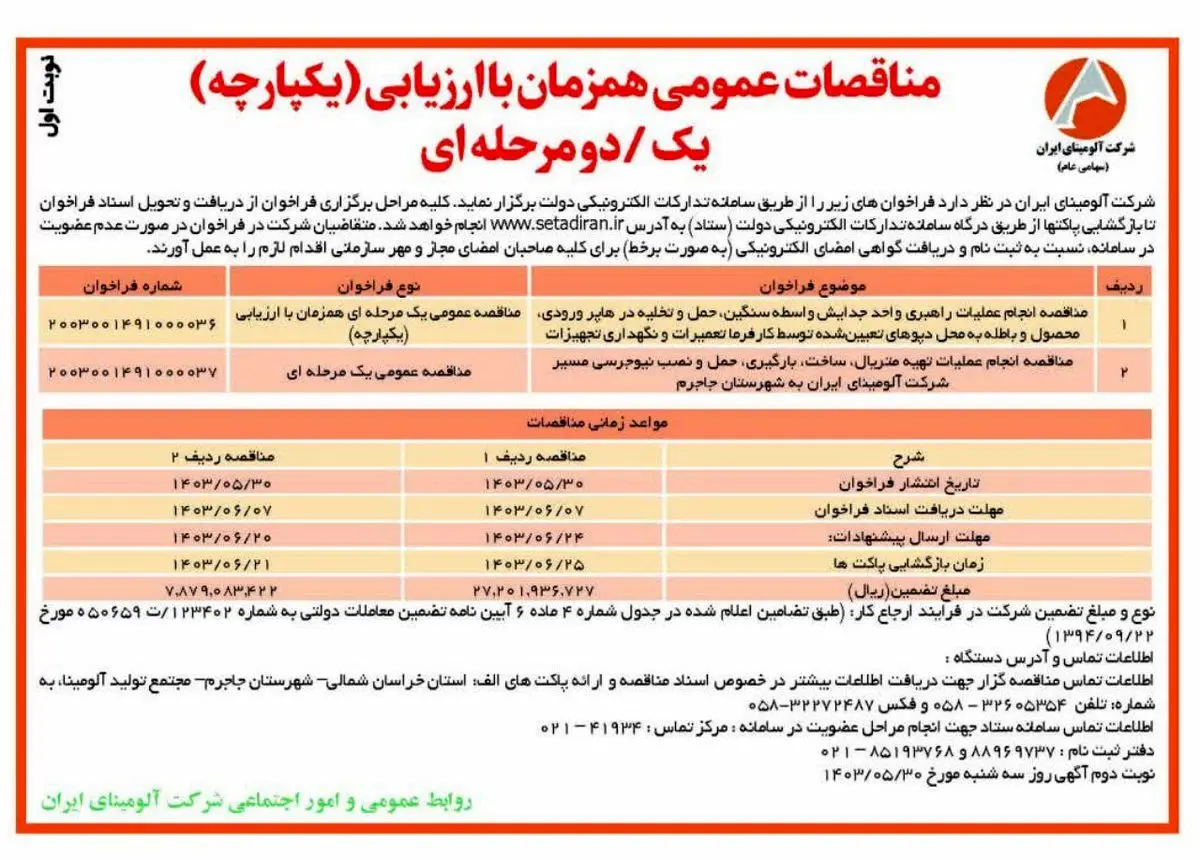 چاپ و انتشار نوبت اول مناقصات عمومی شرکت آلومینای ایران در روزنامه های