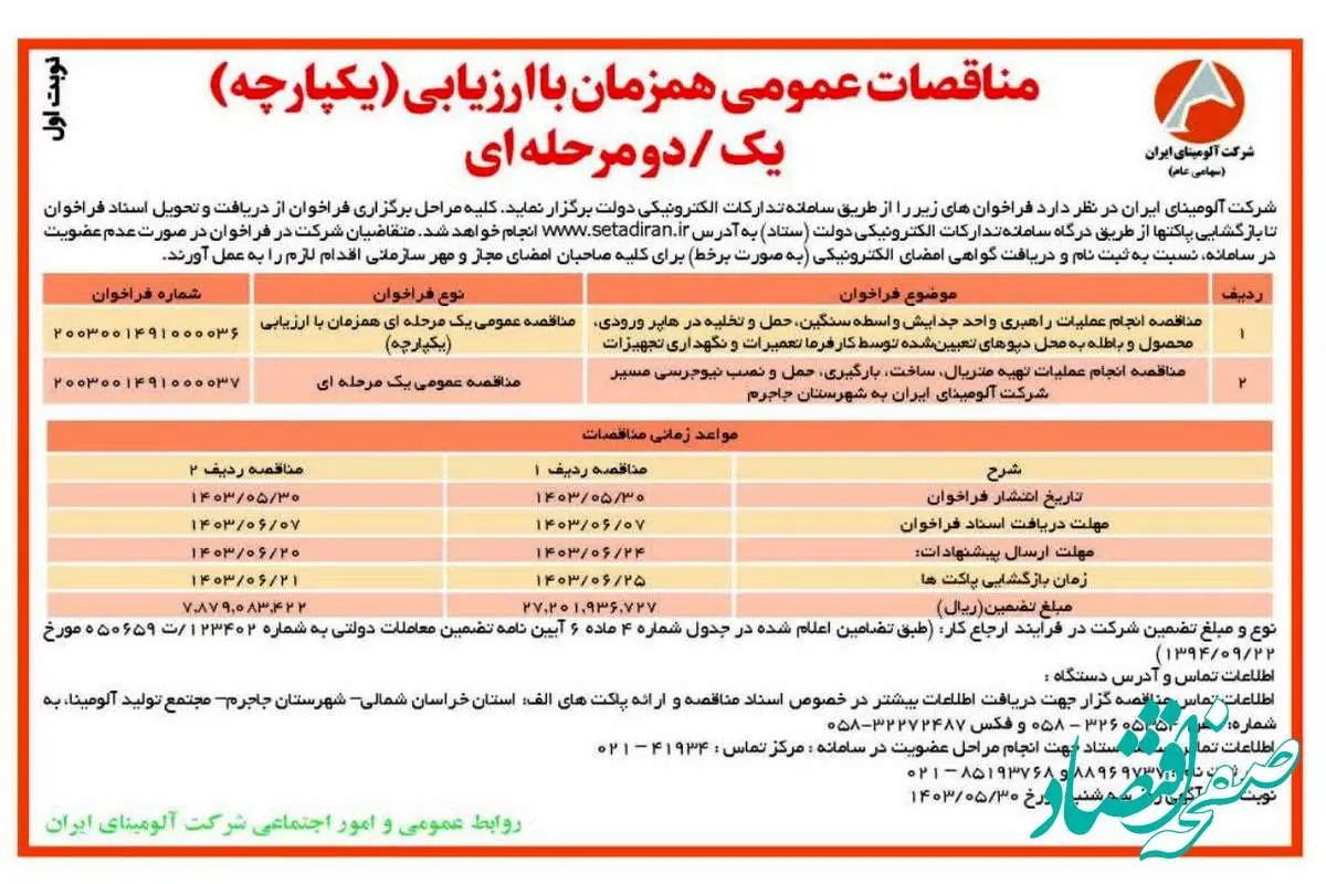 چاپ و انتشار نوبت اول مناقصات عمومی شرکت آلومینای ایران در روزنامه های