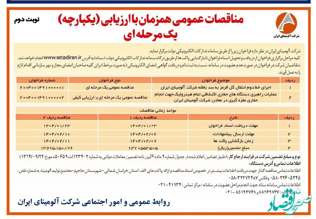 چاپ و انتشار نوبت دوم آگهی مناقصات عمومی همزمان با ارزیابی یکپارچه یک مرحله ای شرکت آلومینای ایران در روزنامه های