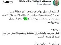 واکنش قالیباف به عدم رهگیری موشک های ایران در دیمونا: آسمان اسراییل بی‌دفاع است