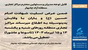 اطلاعیه قابل توجه مدیران و مسئولین محترم مراکز تجارى منطقه آزاد چابهار