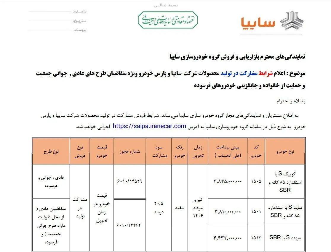در حال تکمیل /// طرح فروش مشارکت در تولید محصولات سایپا و پارس خودرو از 9 خرداد 